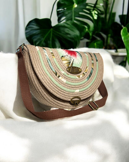 Sandstone Mahina Crossbody Messenger Bag - Sage Ōhiʻa Flower Accents, Handmade, & Eco-Friendly