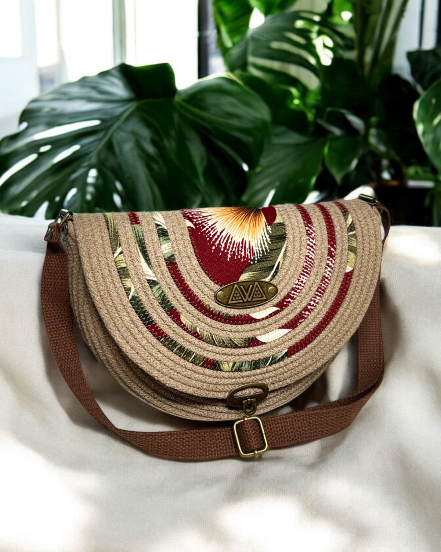 Sandstone Mahina Crossbody Messenger Bag - Burgundy Ōhiʻa Flower Accents, Handmade, & Eco-Friendly (In-Stock)