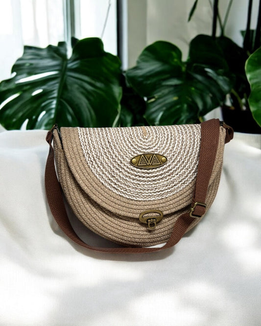 Sandstone Mahina Crossbody Messenger Bag - Tan & Cream Woven Accents, Handmade, & Eco-Friendly