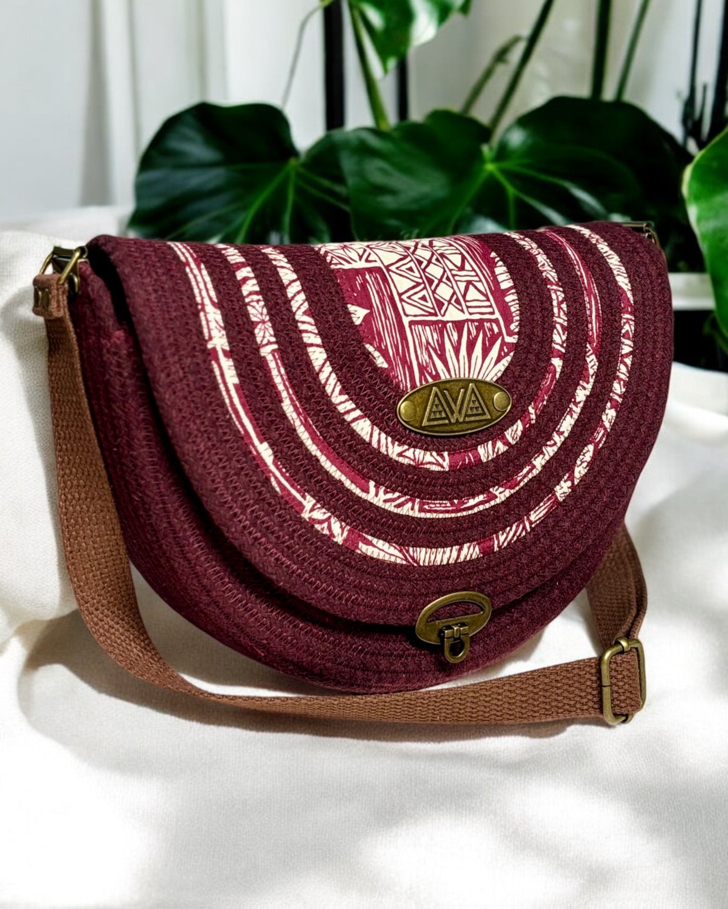 Burgundy Mahina Crossbody Messenger Bag - Vintage Hawaiian Print Fabric, Handmade, & Eco-Friendly