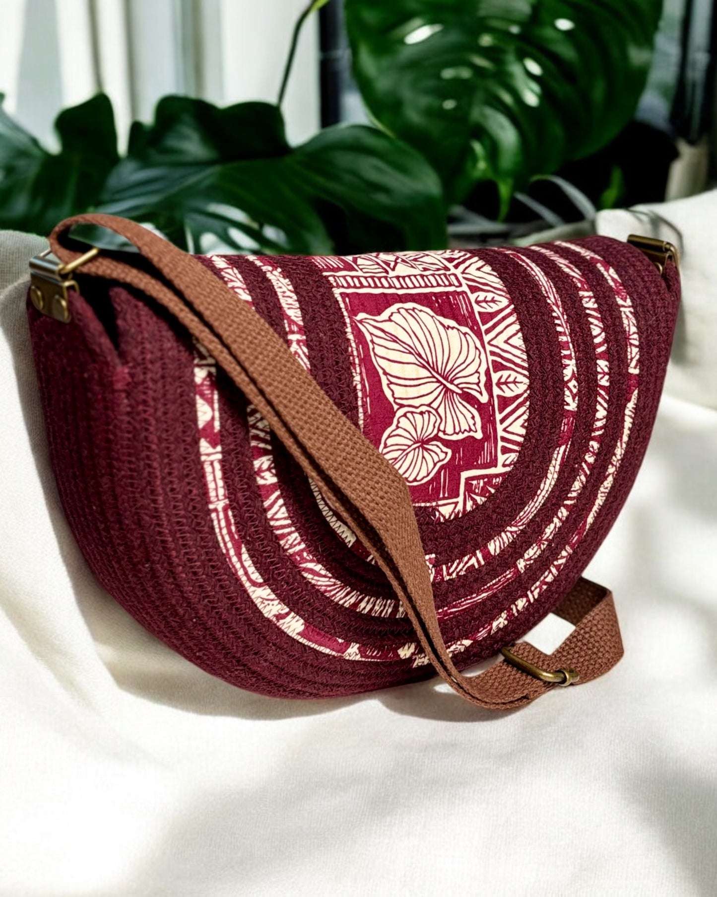 Burgundy Mahina Crossbody Messenger Bag - Vintage Hawaiian Print Fabric, Handmade, & Eco-Friendly