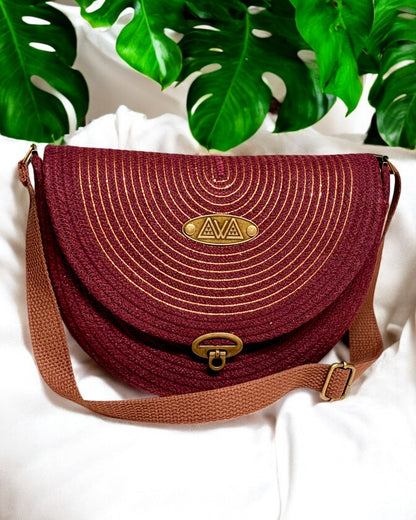 Burgundy Mahina Crossbody Messenger Bag - Gold Accents, Handmade, & Eco-Friendly