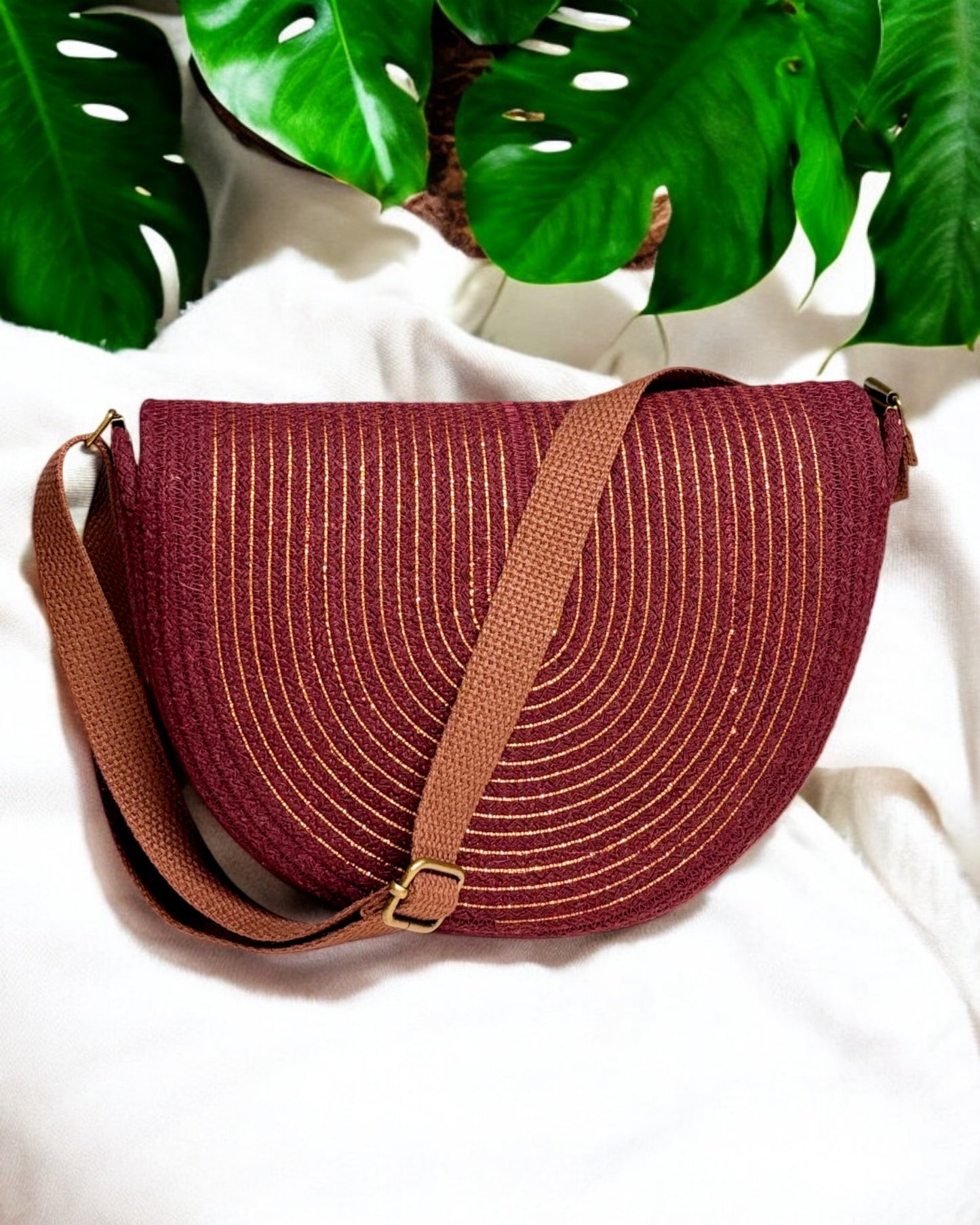 Burgundy Mahina Crossbody Messenger Bag - Gold Accents, Handmade, & Eco-Friendly