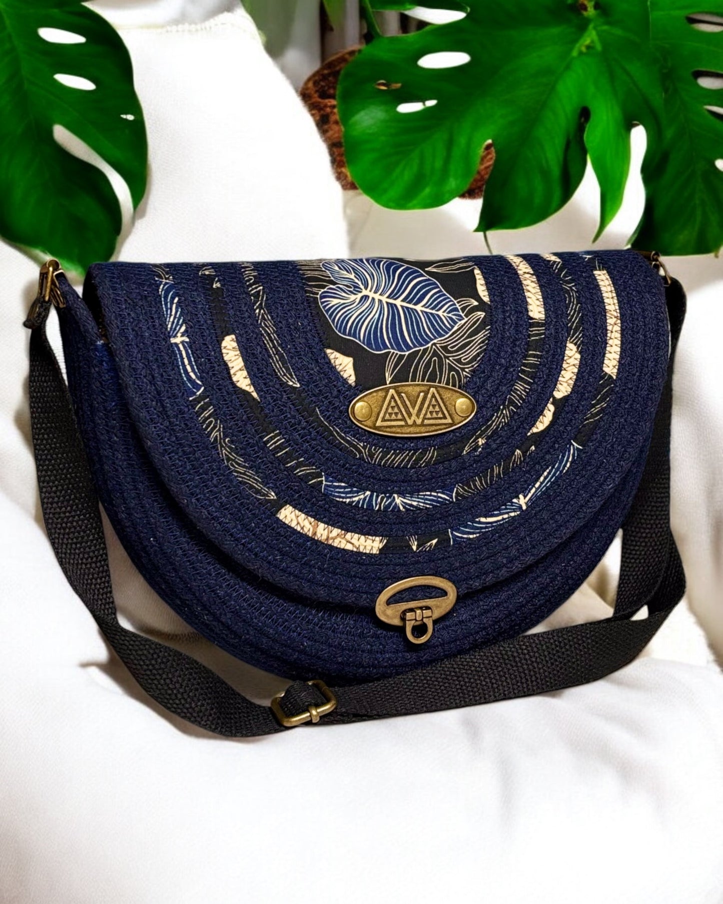 Navy Mahina Crossbody Messenger Bag - Taro Leaf Print Fabric Accents, Handmade, & Eco-Friendly