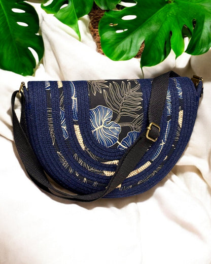 Navy Mahina Crossbody Messenger Bag - Taro Leaf Print Fabric Accents, Handmade, & Eco-Friendly