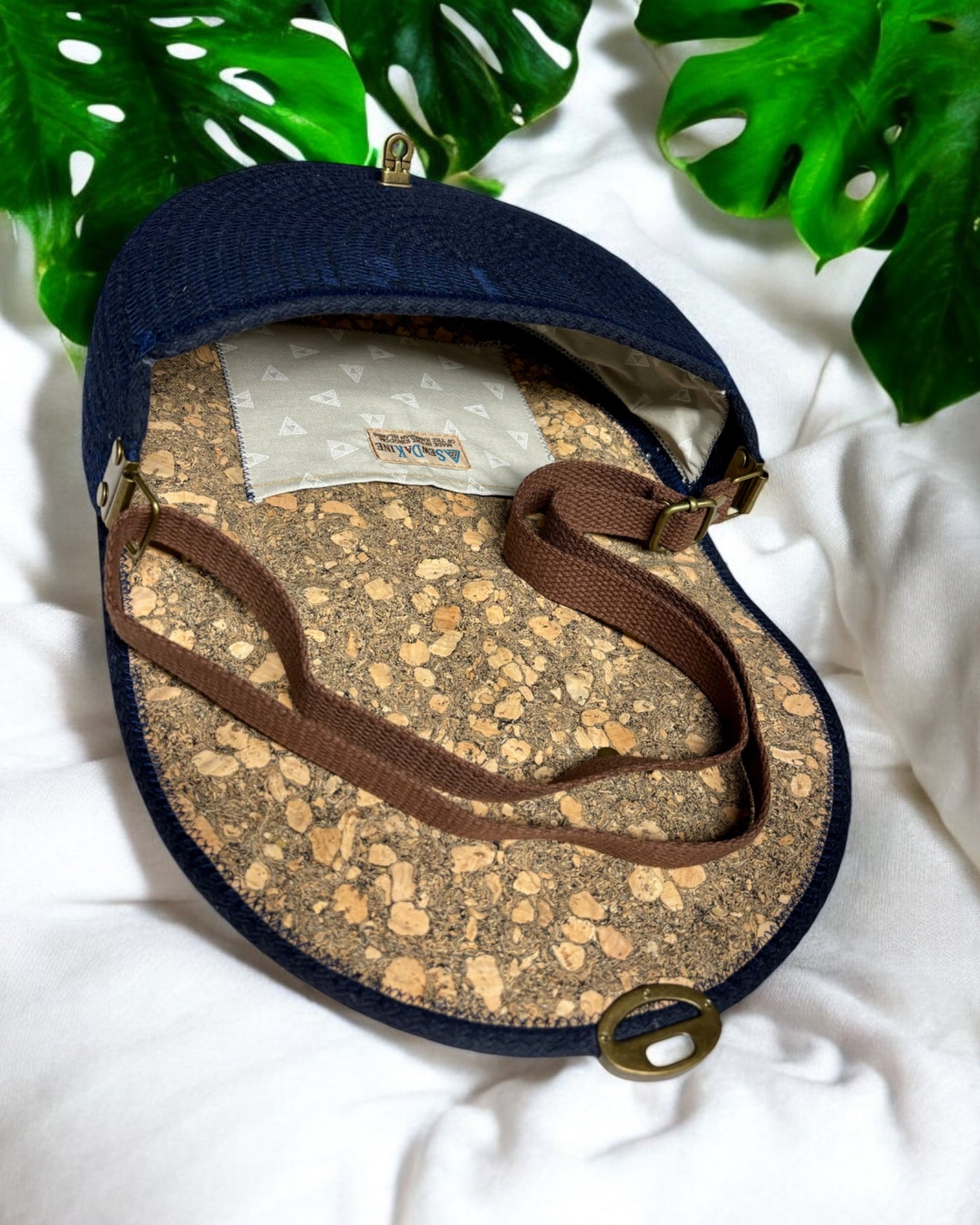 Navy Mahina Crossbody Messenger Bag - Hawaiian Quilt Print Fabric Accents, Handmade, & Eco-Friendly