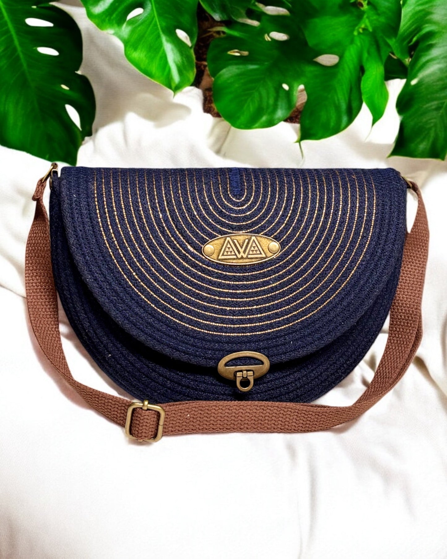 Navy Mahina Crossbody Messenger Bag - Gold Accents, Handmade, & Eco-Friendly