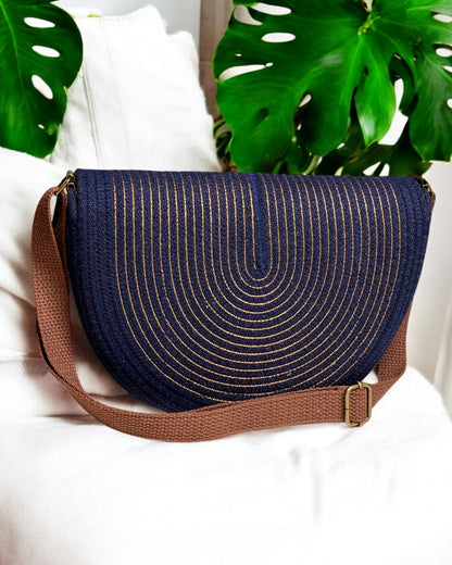 Navy Mahina Crossbody Messenger Bag - Gold Accents, Handmade, & Eco-Friendly