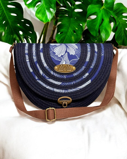 Navy Mahina Crossbody Messenger Bag - Navy Tones Hibiscus Print Fabric Accents, Handmade, & Eco-Friendly