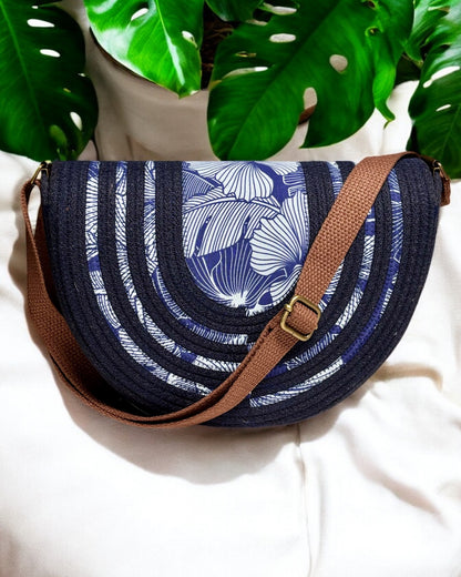 Navy Mahina Crossbody Messenger Bag - Navy Tones Hibiscus Print Fabric Accents, Handmade, & Eco-Friendly