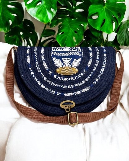 Navy Mahina Crossbody Messenger Bag - Hawaiian Quilt Print Fabric Accents, Handmade, & Eco-Friendly (In-Stock)