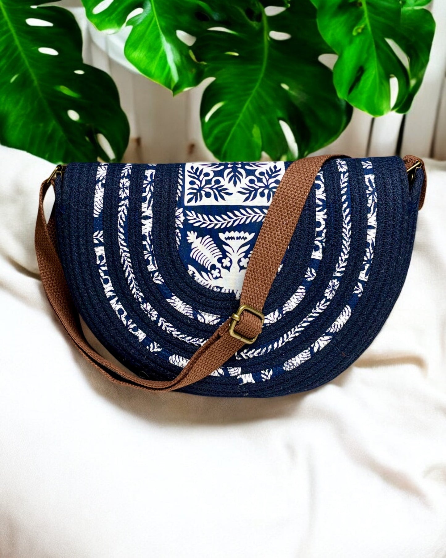 Navy Mahina Crossbody Messenger Bag - Hawaiian Quilt Print Fabric Accents, Handmade, & Eco-Friendly (In-Stock)