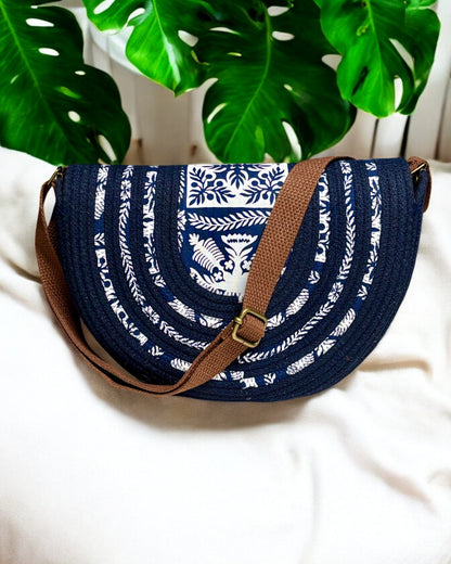 Navy Mahina Crossbody Messenger Bag - Hawaiian Quilt Print Fabric Accents, Handmade, & Eco-Friendly