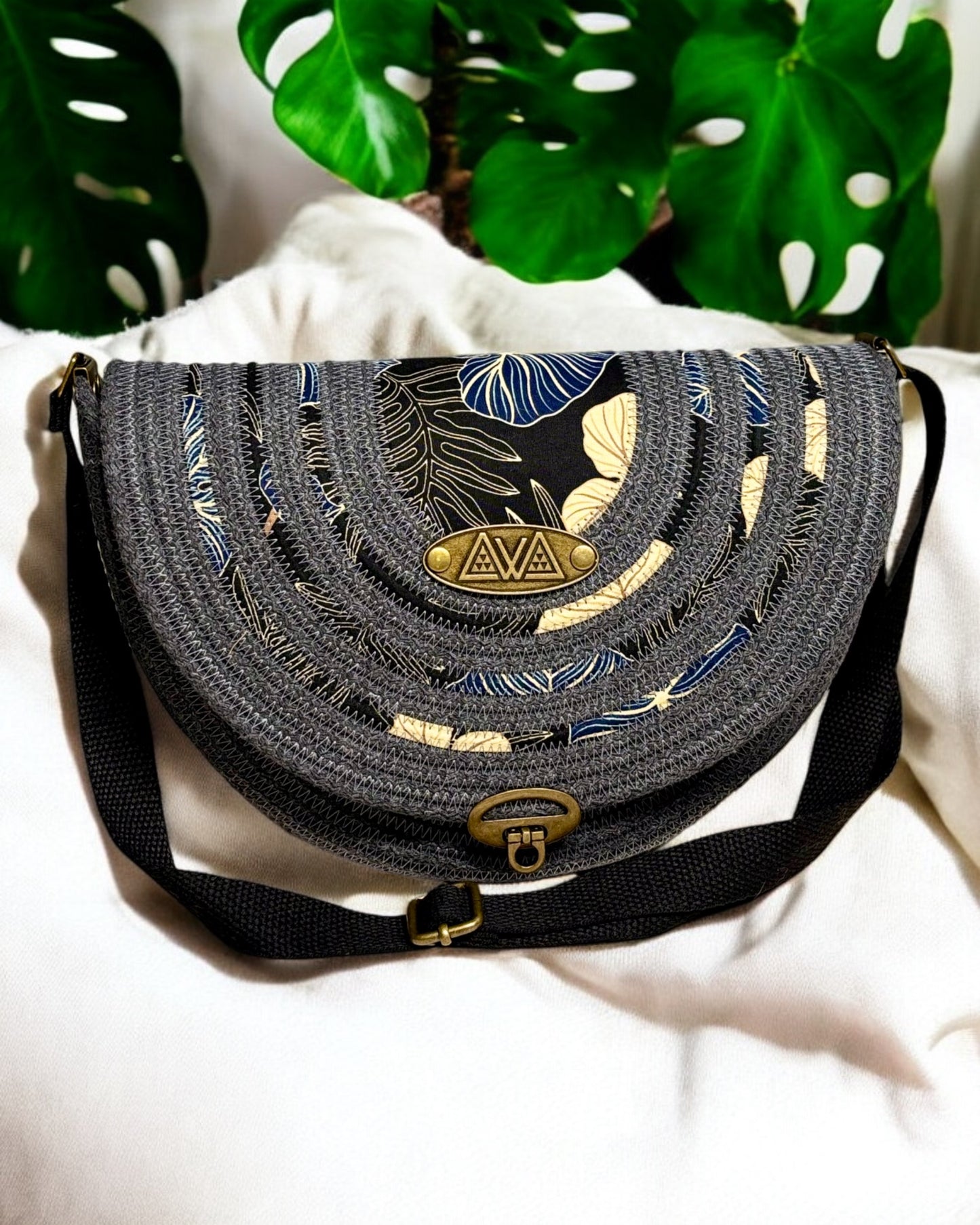 Graphite Mahina Crossbody Messenger Bag - Taro Leaf Accents, Handmade, & Eco-Friendly