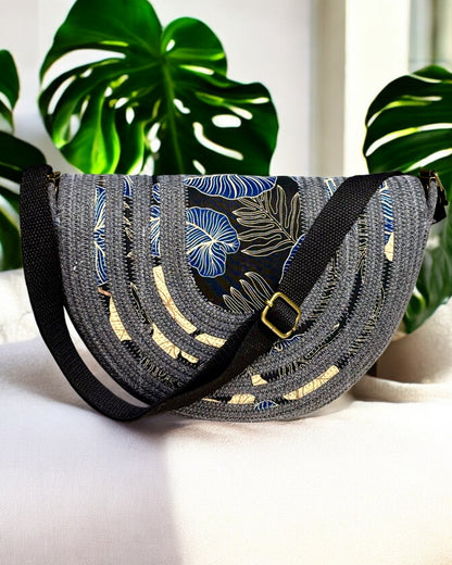 Graphite Mahina Crossbody Messenger Bag - Taro Leaf Accents, Handmade, & Eco-Friendly