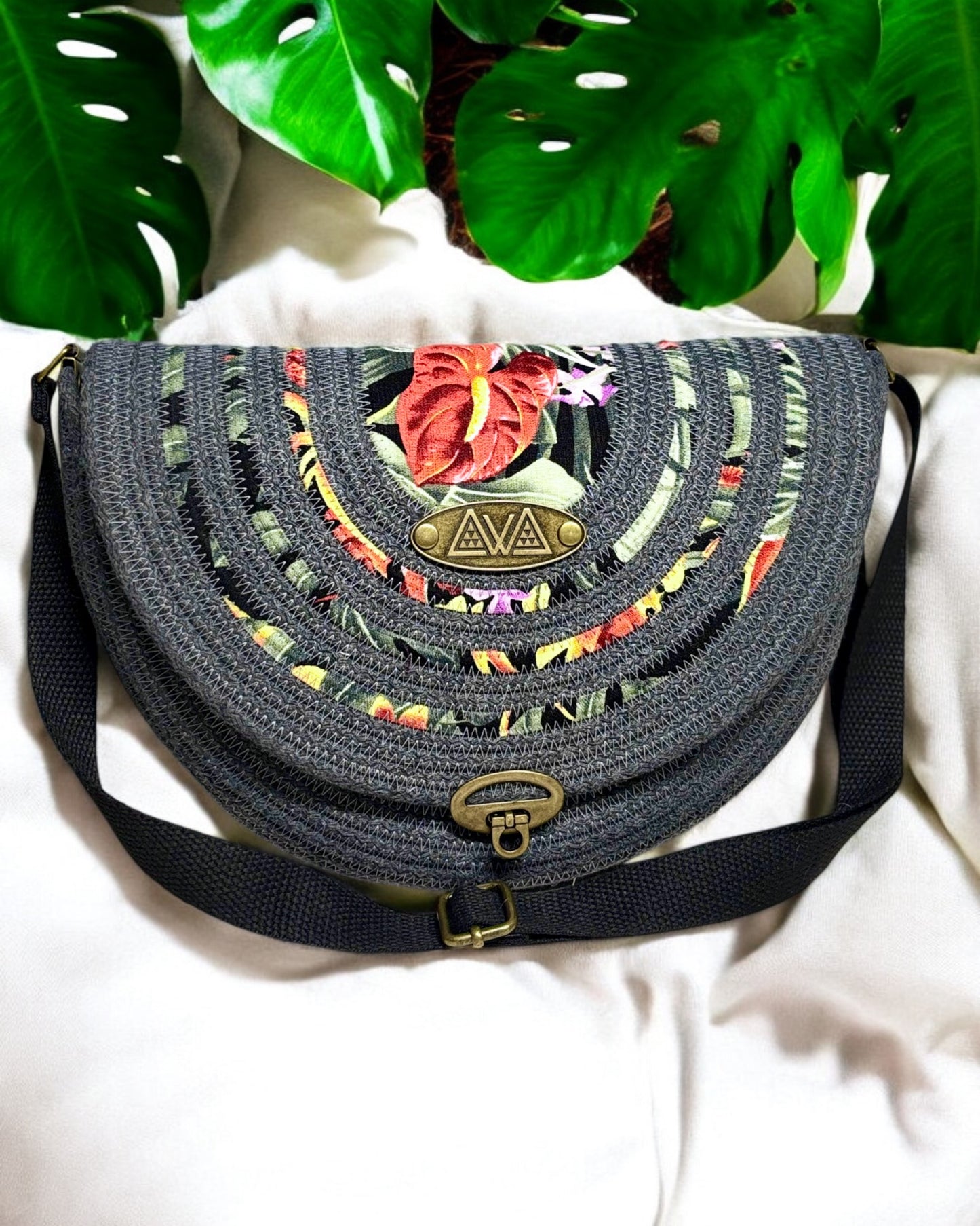 Graphite Mahina Crossbody Messenger Bag - Anthurium Flower Accents, Handmade, & Eco-Friendly