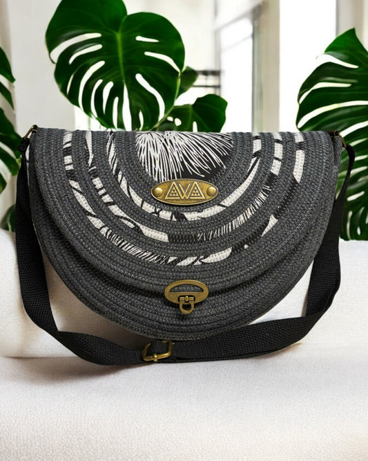 Graphite Mahina Crossbody Messenger Bag - Black & Grey Ōhiʻa Flower Accents, Handmade, & Eco-Friendly (In-Stock)