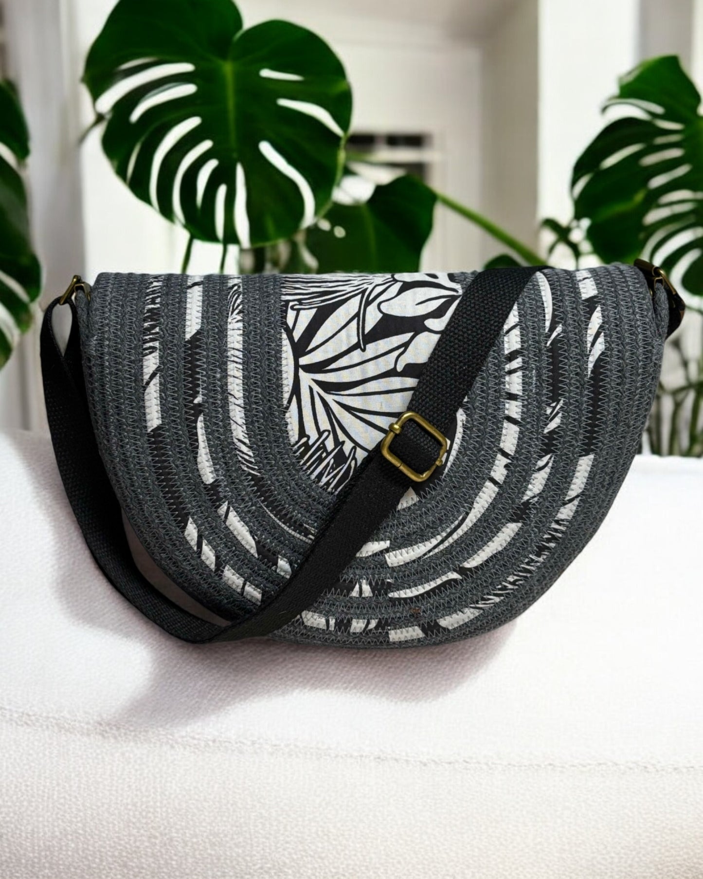 Graphite Mahina Crossbody Messenger Bag - Black & Grey Ōhiʻa Flower Accents, Handmade, & Eco-Friendly (In-Stock)