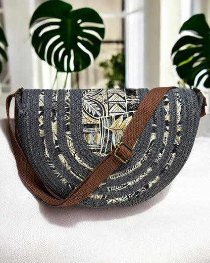 Graphite Mahina Crossbody Messenger Bag - Khaki Vintage Hawaiian Print Accents, Handmade, & Eco-Friendly