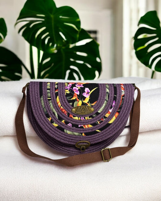 Amethyst Mahina Crossbody Messenger Bag - Anthurium Flower Accents, Handmade, & Eco-Friendly (In-Stock)