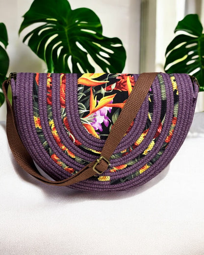 Amethyst Mahina Crossbody Messenger Bag - Anthurium Flower Accents, Handmade, & Eco-Friendly