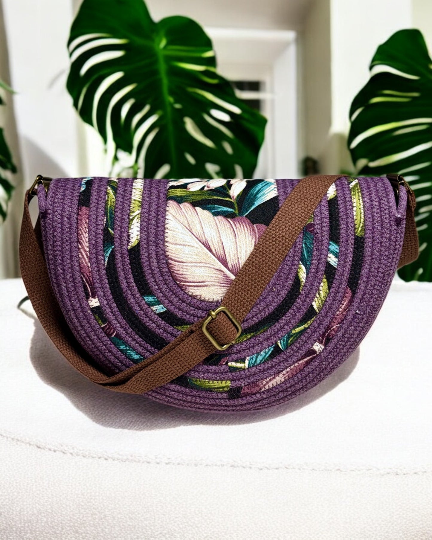 Amethyst Mahina Crossbody Messenger Bag - Orchid Flower Accents, Handmade, & Eco-Friendly