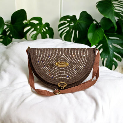 Chocolate Mahina Crossbody Messenger Bag - Cream & Colored Sequin Accents, Handmade, & Eco-Friendly (In-Stock)