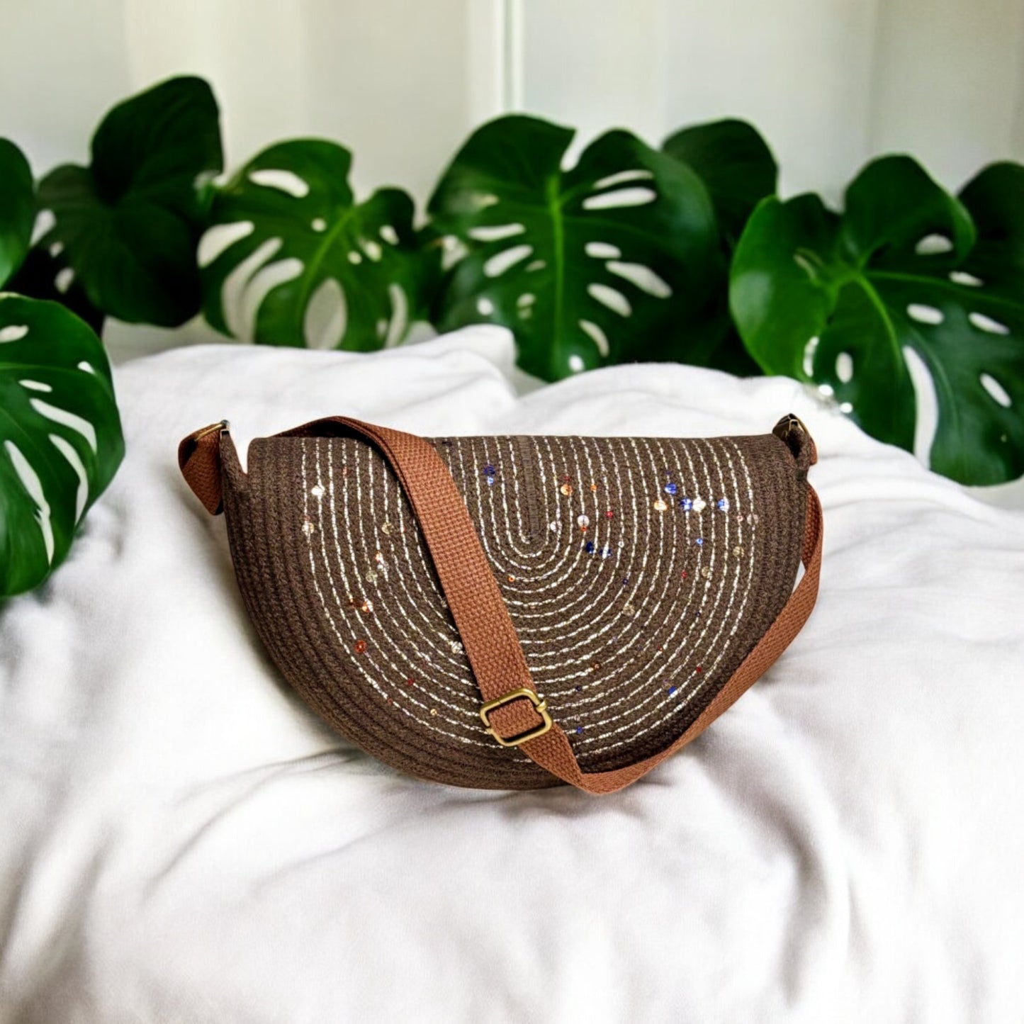 Chocolate Mahina Crossbody Messenger Bag - Cream & Colored Sequin Accents, Handmade, & Eco-Friendly (In-Stock)