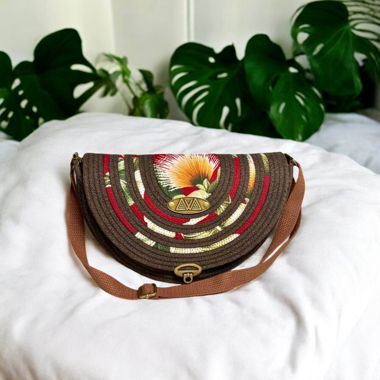 Chocolate Mahina Crossbody Messenger Bag - Burgundy Ōhiʻa Flower Accents, Handmade, & Eco-Friendly