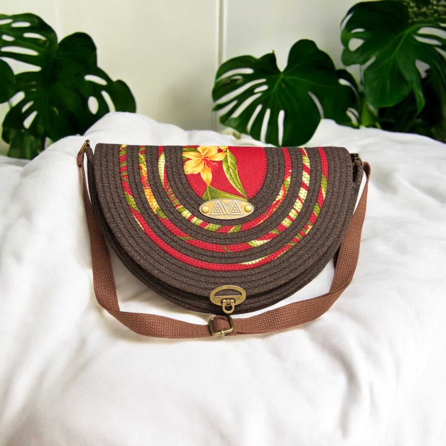 Chocolate Mahina Crossbody Messenger Bag - Deep Red and Yellow Flower Fabric Accents, Handmade, & Eco-Friendly