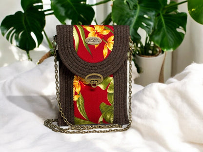 Charcoal Eke Crossbody Bag - Deep red & Yellow Flower Accents, Handmade, & Eco-Friendly (In-Stock)