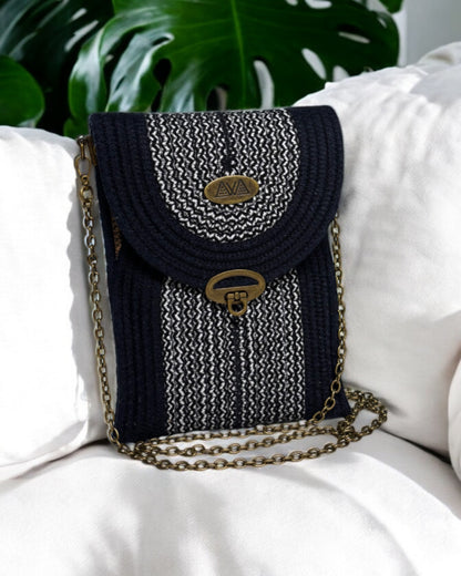 Navy Eke Crossbody Bag - Black & Cream Woven Accents, Handmade, & Eco-Friendly (In-Stock)