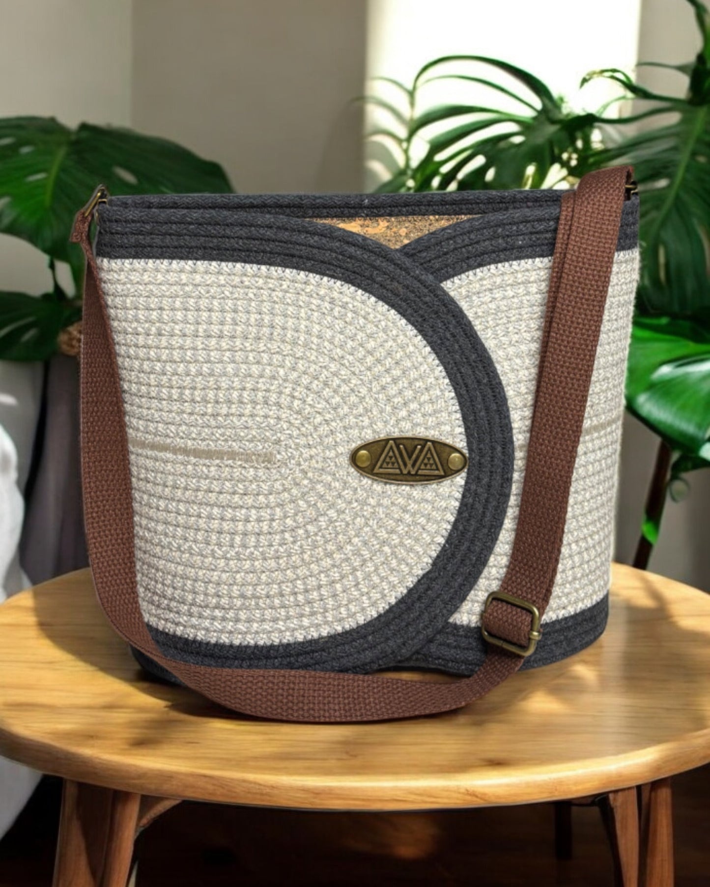 Charcoal Pakeke Crossbody Bucket Bag – Cream & Light Blue Woven Accents, Handmade & Eco-Friendly (In-Stock)