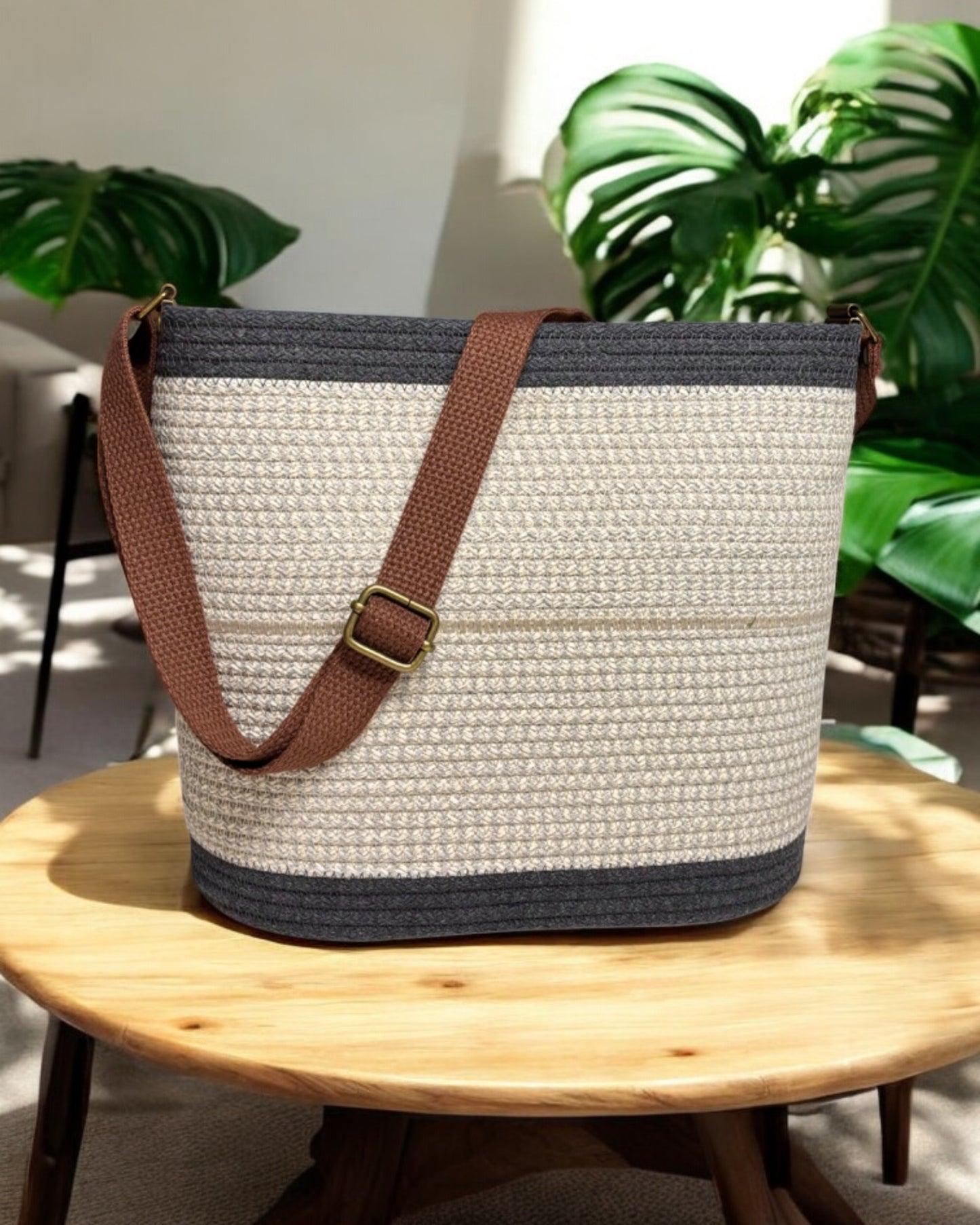 Charcoal Pakeke Crossbody Bucket Bag – Cream & Light Blue Woven Accents, Handmade & Eco-Friendly (In-Stock)