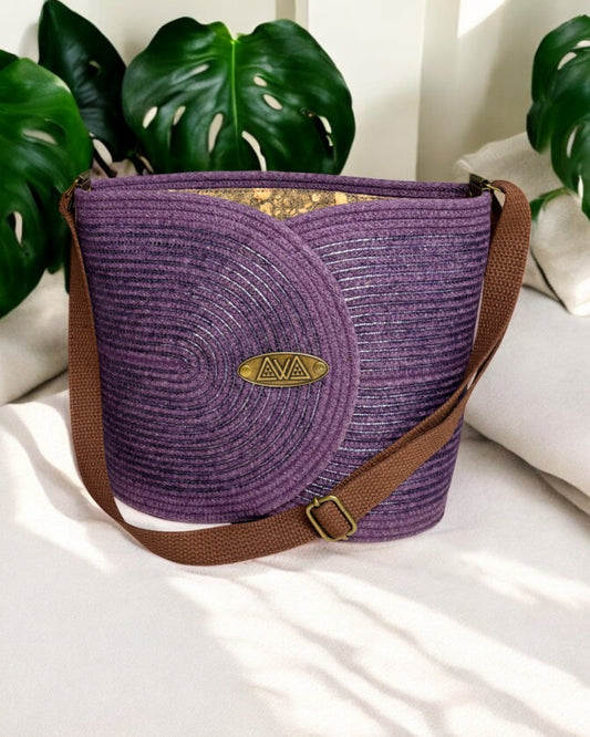 Amethyst Pakeke Crossbody Bucket Bag – Metallic Silver Accents, Handmade & Eco-Friendly (In-Stock)