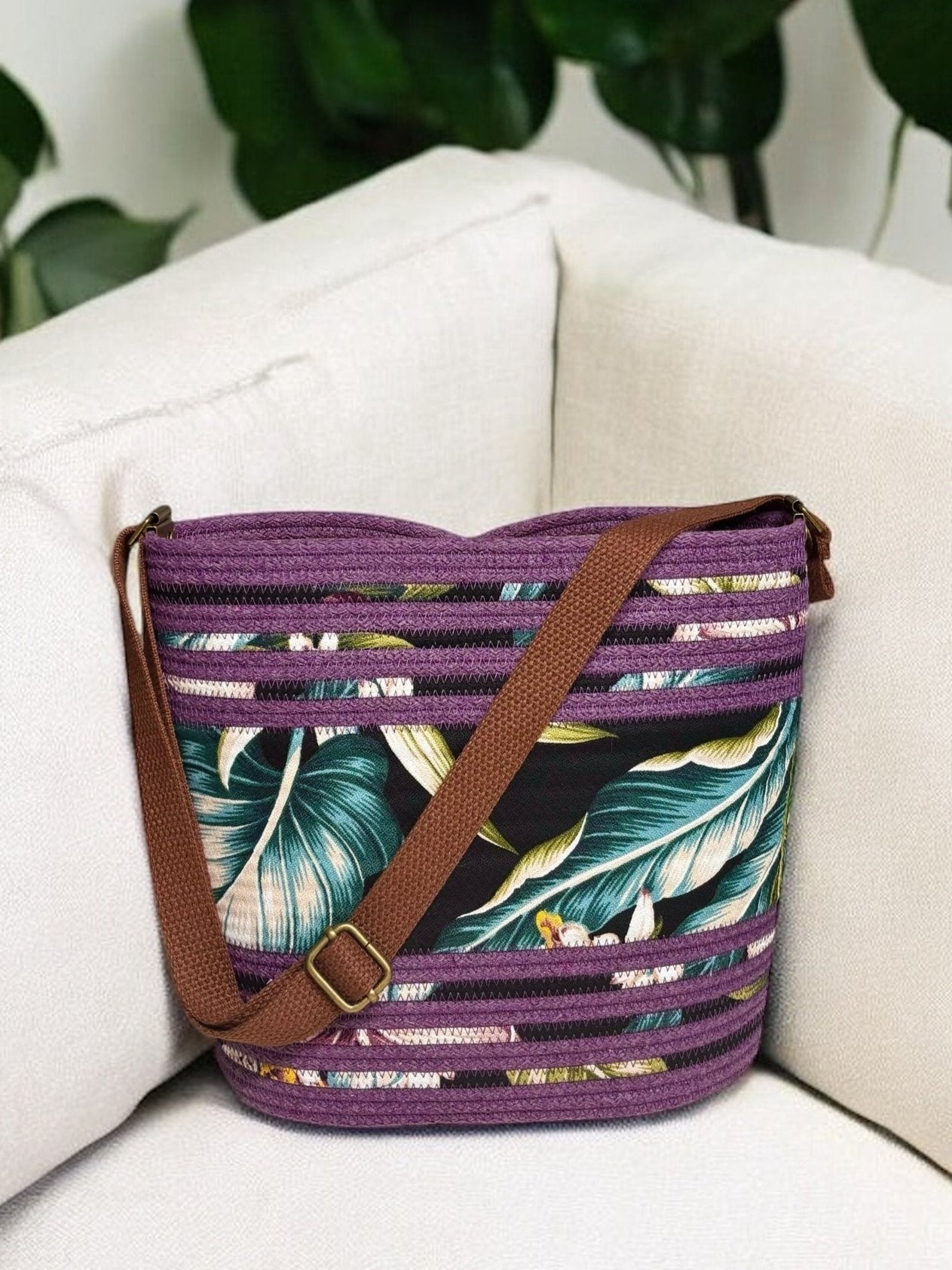 Amethyst Pakeke Crossbody Bucket Bag – Orchid Flower Accents, Handmade & Eco-Friendly (In-Stock)