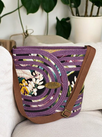 Amethyst Pakeke Crossbody Bucket Bag – Orchid Flower Accents, Handmade & Eco-Friendly (In-Stock)