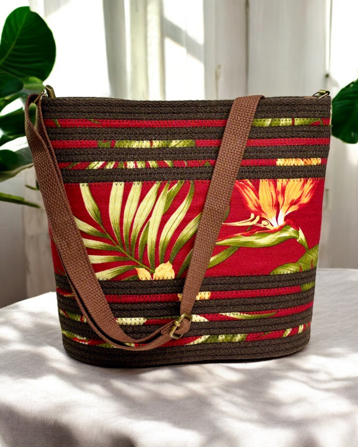 Chocolate Pakeke Crossbody Bucket Bag – Deep Red and Yellow Bird of Paradise Accent, Handmade & Eco-Friendly (In-Stock)