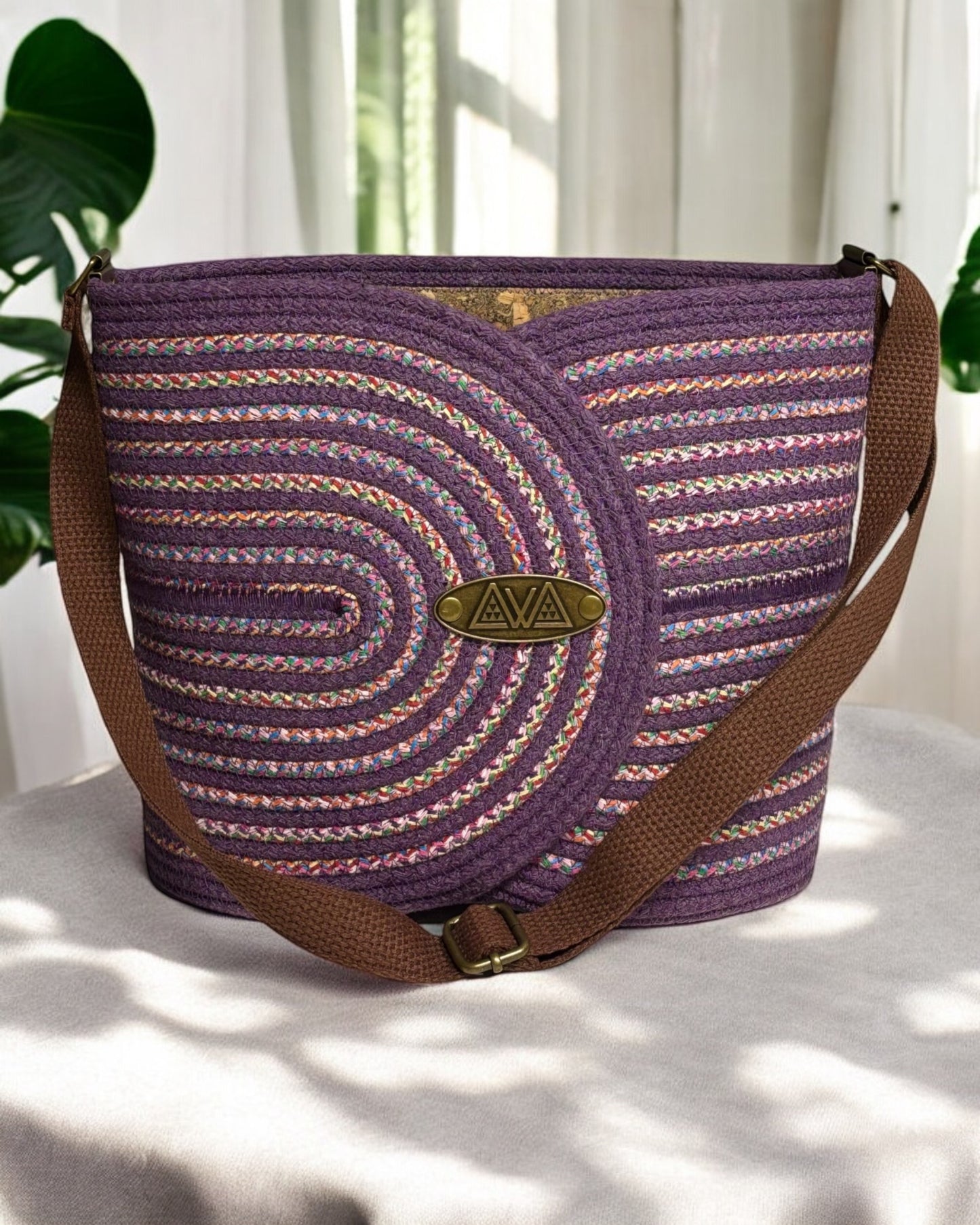 Amethyst Pakeke Crossbody Bucket Bag – Multicolored Woven Accents, Handmade & Eco-Friendly (In-Stock)