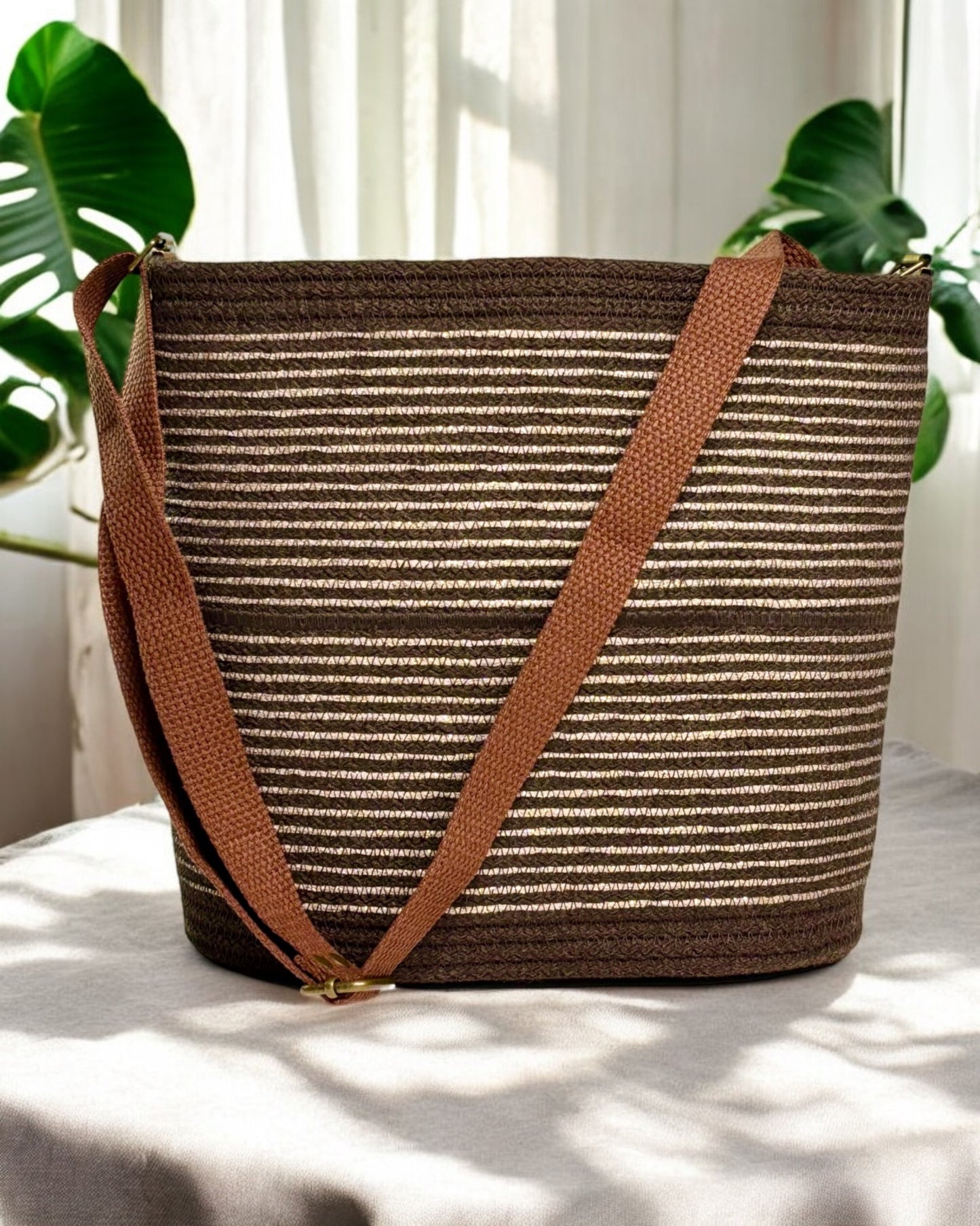 Chocolate Pakeke Crossbody Bucket Bag – Taupe & Gold Accents, Handmade & Eco-Friendly (In-Stock)