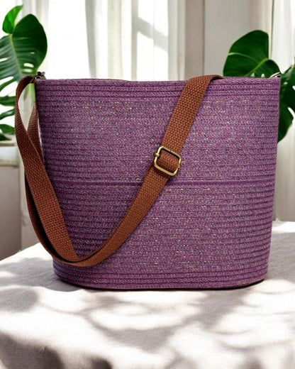 Amethyst Pakeke Crossbody Bucket Bag – Metallic Multicolored Woven Accents, Handmade & Eco-Friendly (In-Stock)