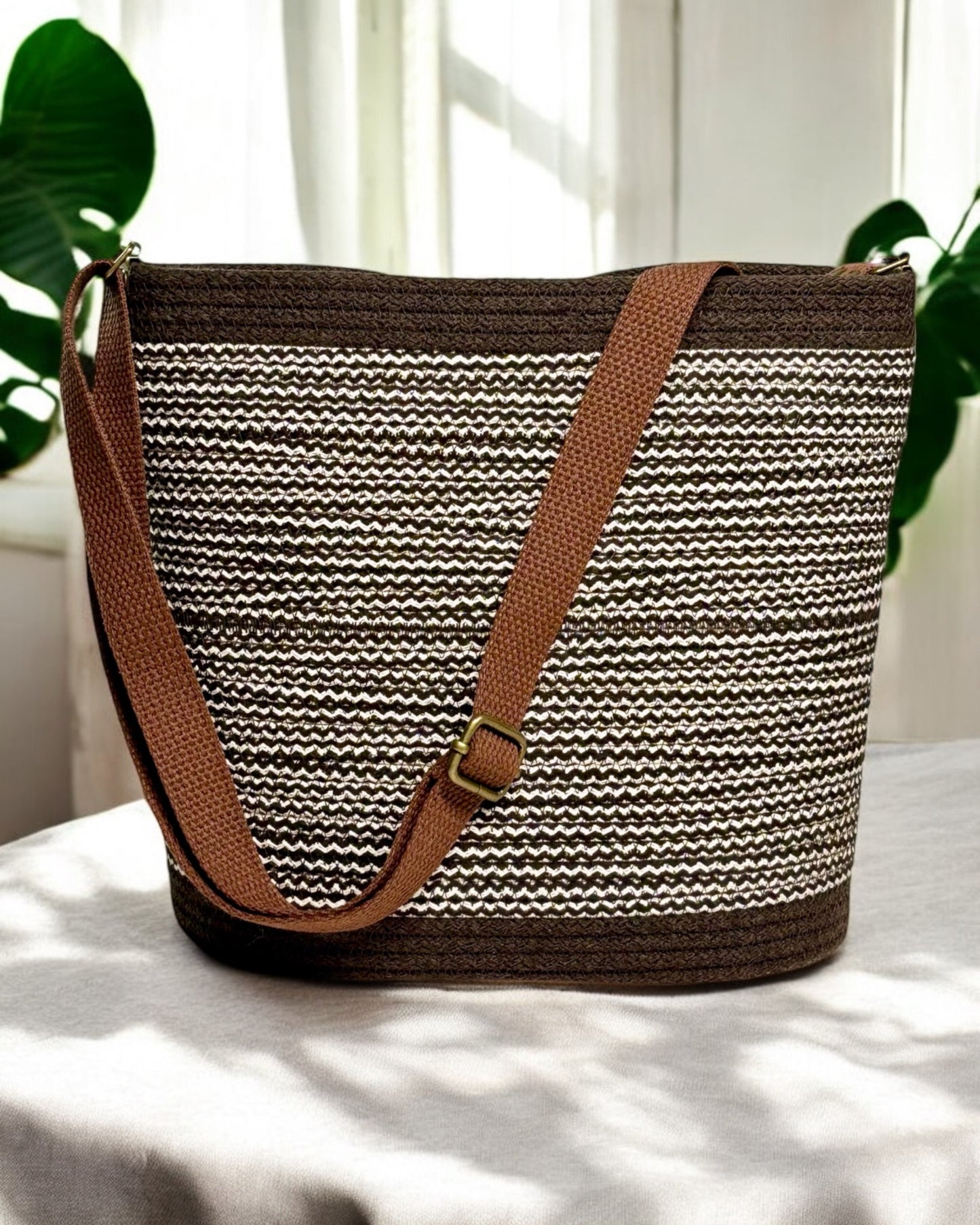 Chocolate Pakeke Crossbody Bucket Bag – Cream, Tan & Chocolate Woven Accents, Handmade & Eco-Friendly (In-Stock)