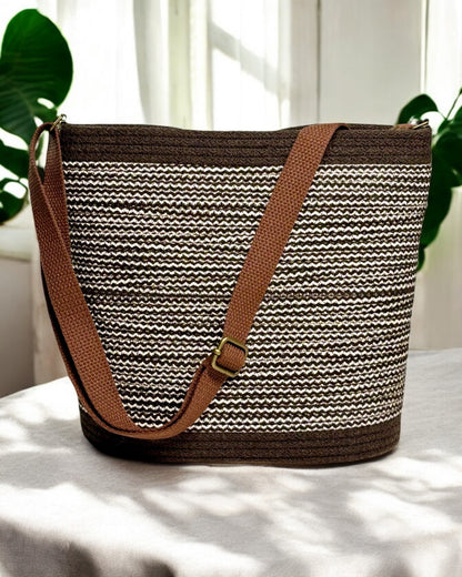 Chocolate Pakeke Crossbody Bucket Bag – Cream, Tan & Chocolate Woven Accents, Handmade & Eco-Friendly (In-Stock)