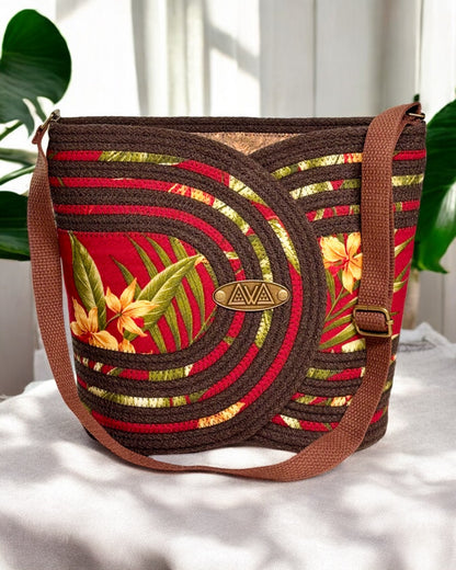 Chocolate Pakeke Crossbody Bucket Bag – Deep Red and Yellow Bird of Paradise Accent, Handmade & Eco-Friendly (In-Stock)