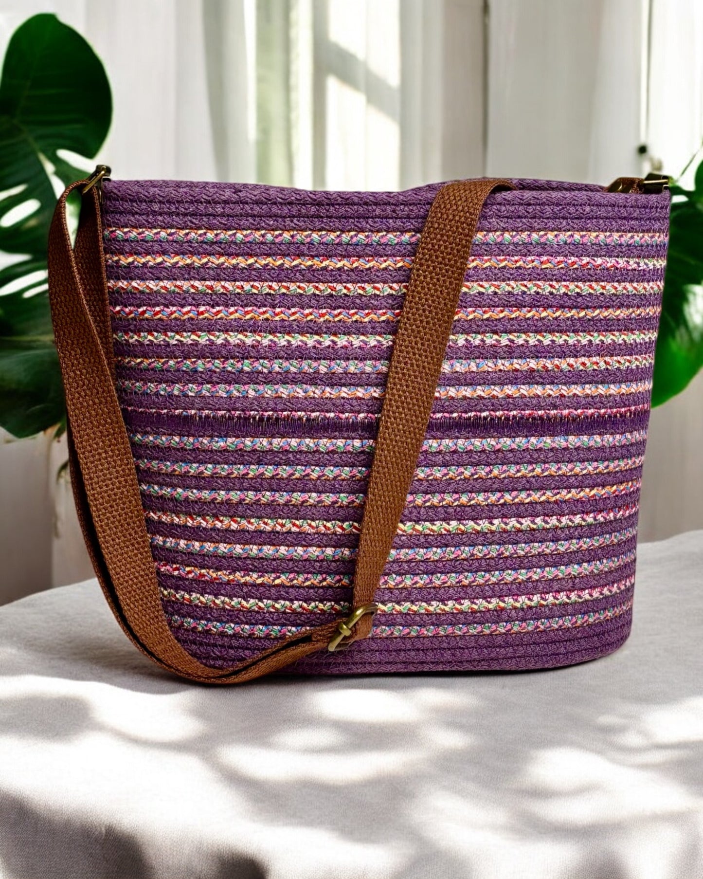 Amethyst Pakeke Crossbody Bucket Bag – Multicolored Woven Accents, Handmade & Eco-Friendly (In-Stock)