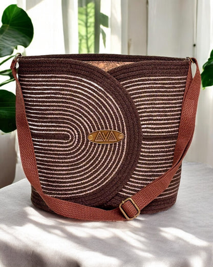 Chocolate Pakeke Crossbody Bucket Bag – Taupe & Gold Accents, Handmade & Eco-Friendly (In-Stock)